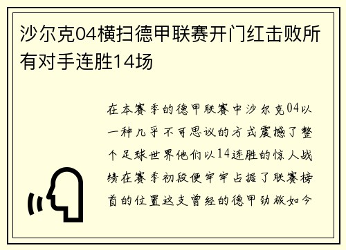 沙尔克04横扫德甲联赛开门红击败所有对手连胜14场