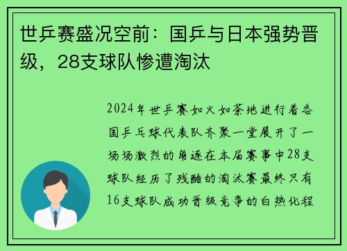 世乒赛盛况空前：国乒与日本强势晋级，28支球队惨遭淘汰